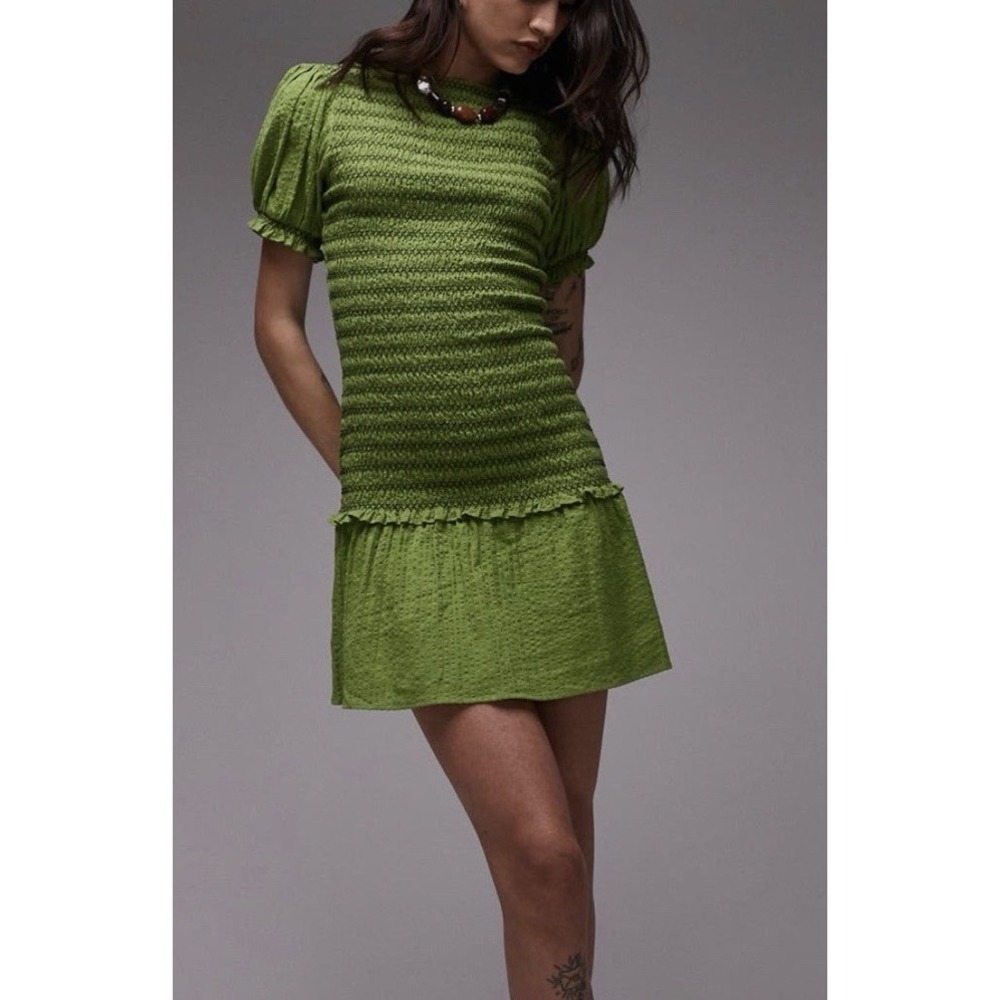 Topshop Contrast Stitch Smocked Puff Sleeve Ruffle Mini‎ Dress Green Size 4 NWT